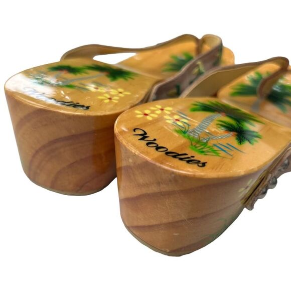 Woodies Vintage Shoes Wooden Wedge Sandals HAND PAINTED PALM TREES Clogs Sz 6 - Picture 2 of 15
